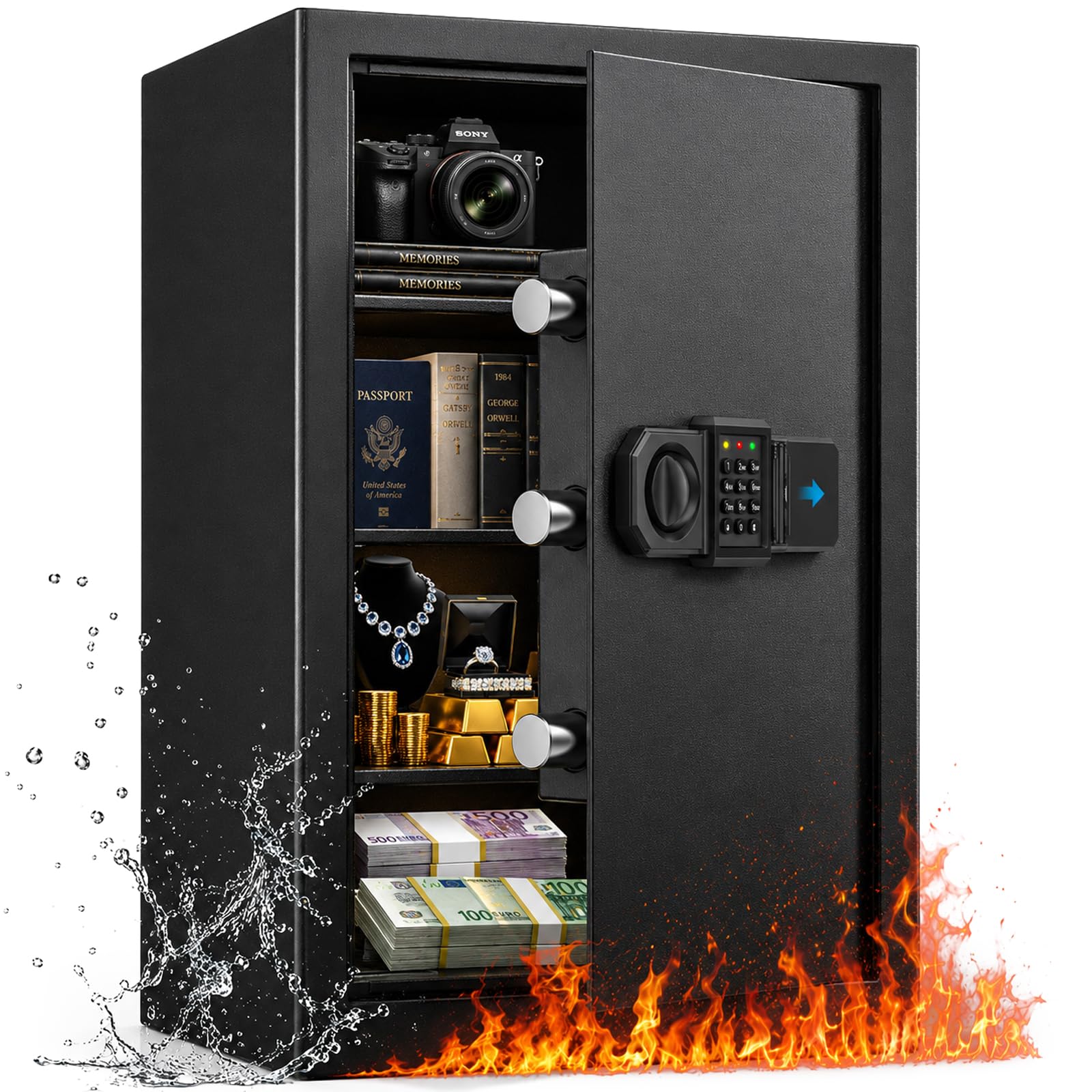 60L Elektronischer Feuerfester Tresor für Zuhause, Stahl Safe mit Zahlenschloss und Schlüssel, 3-fache Verriegelung mit Alarmfunktion für Geld, Dokumente und Wertsachen