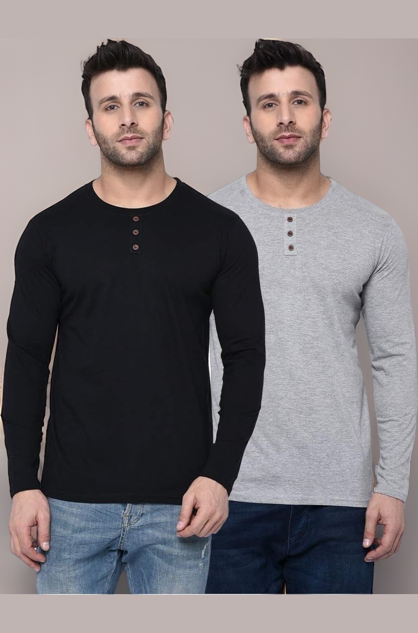 London Hills Men’s Cotton Blend Round Neck Full Sleeve T-Shirt Combo | Regular Fit | Pack of 2