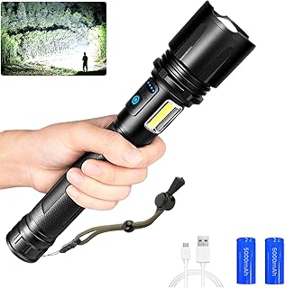 XHP90 Tactical led Rechargeable flashlights, 100000 lumens Super Bright Zoomable Waterproof Handheld Flash Light with Side Work Light, 7 Lighting Modes for Emergencies Outdoor, Camping Accessories.