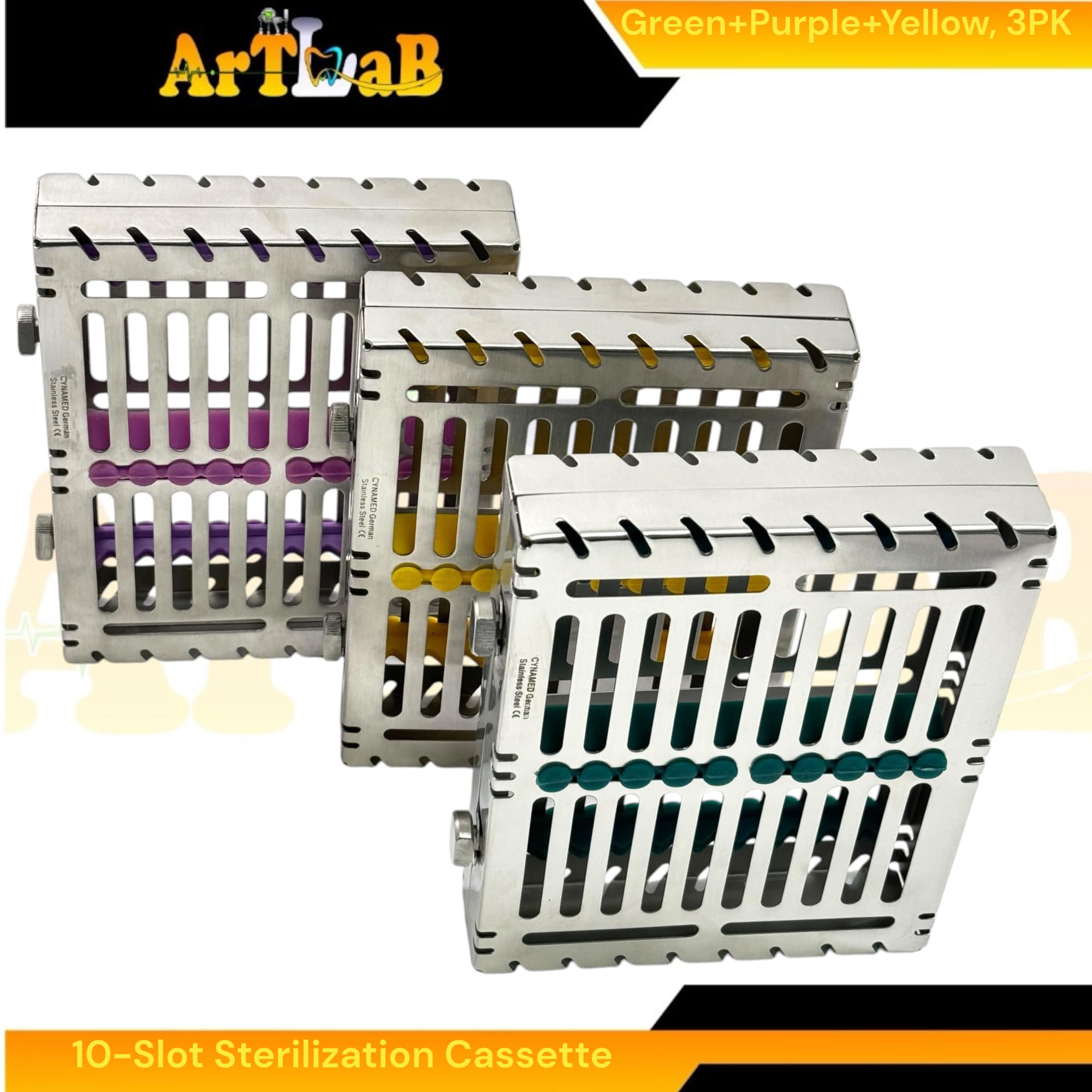 Dental Instruments Sterilization Cassettes, 10-Slots Per Cassette, Detachable Lid, 2-Button Lock, 7in x 5.5in x 1.25in - German Stainless Steel (3pcs)