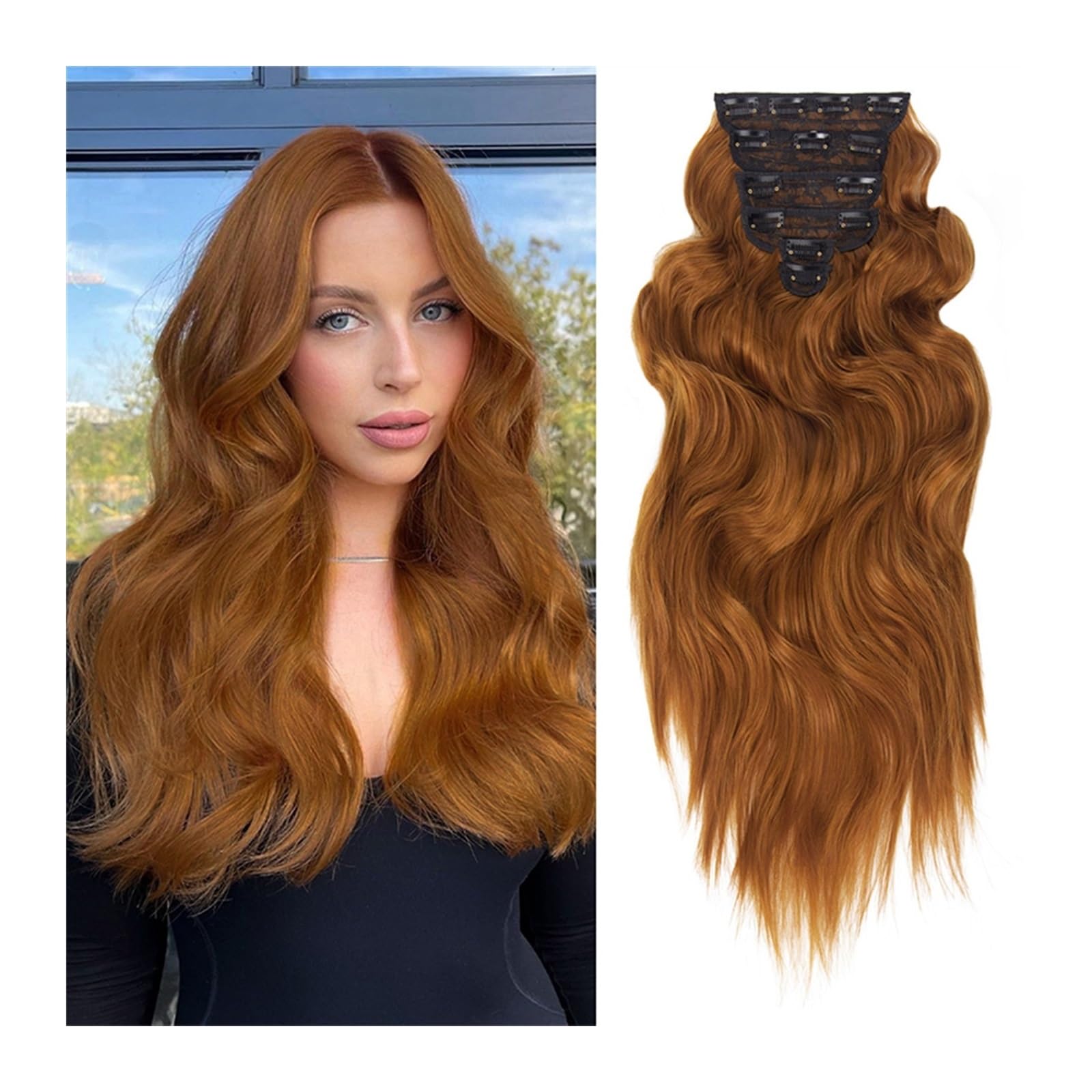 Extensiones de cabello postizo sintético largo ondulado grueso de clips color naranja 7