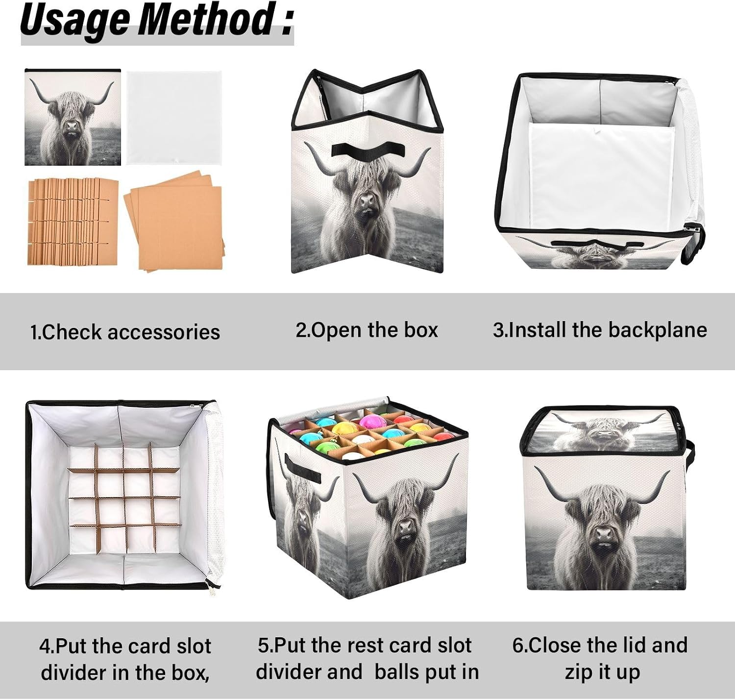 Highland Cow Grey 13 Inch Christmas Ornament Storage Box with Lid - Holiday Decor Storage Containers, Stores 64 Ornaments, 3 Inch Cube Compartments