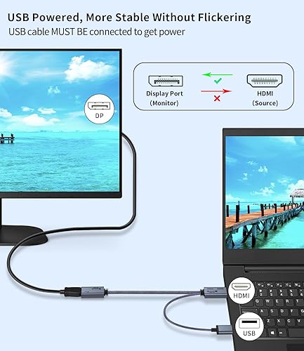 Miniatura 2 de Adaptador HDMI a Displayport 4K 60Hz, 2K 120Hz, 1080P 165Hz, HD (PCportátil) macho a DP (monitor) hembra Cable unidireccional con alimentación USB