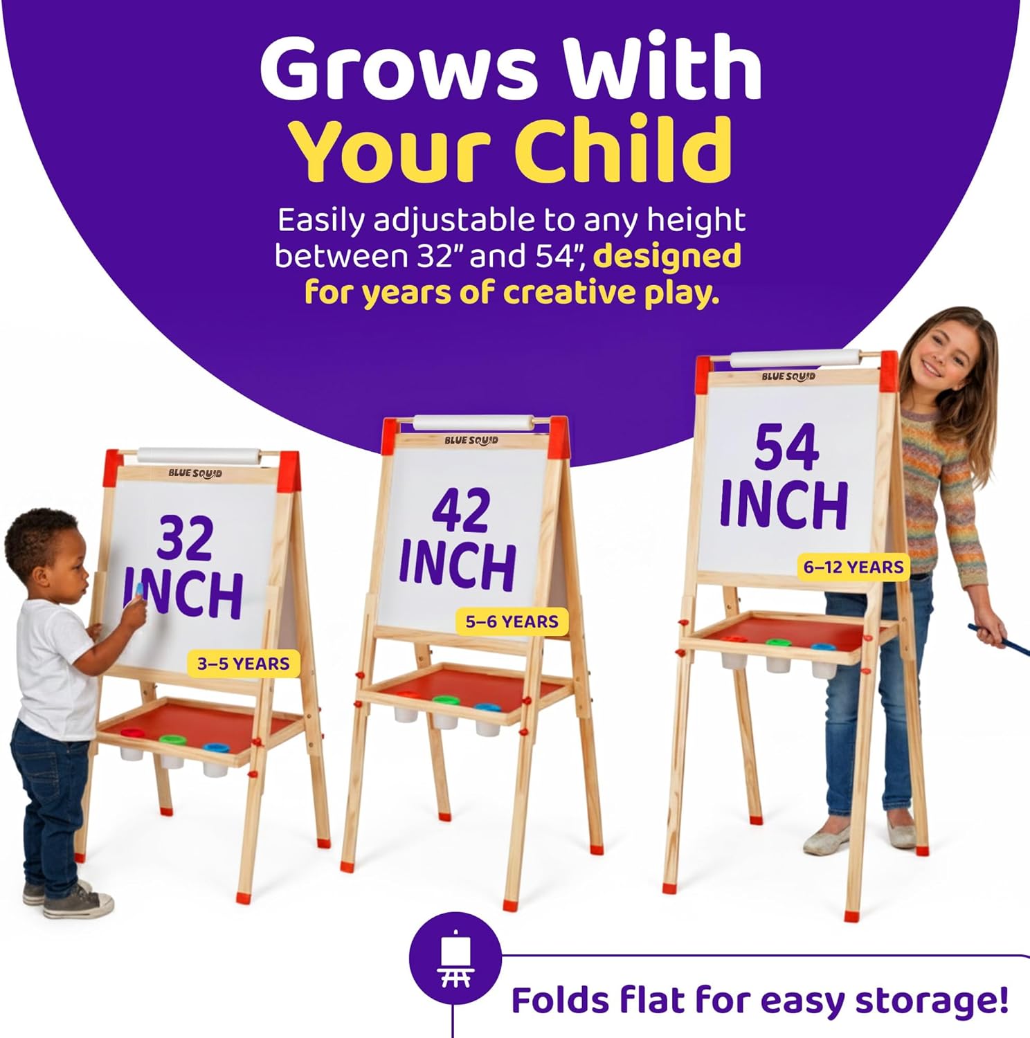 Blue Squid Art Easel for Kids with Paper Roll x 3, Includes 100+ Accessories, Double Sided Adjustable Wooden Painting Easel with Magnetic Chalk Board, White Board for Toddlers Ages 3,4,5,6,7,8,9,10,12