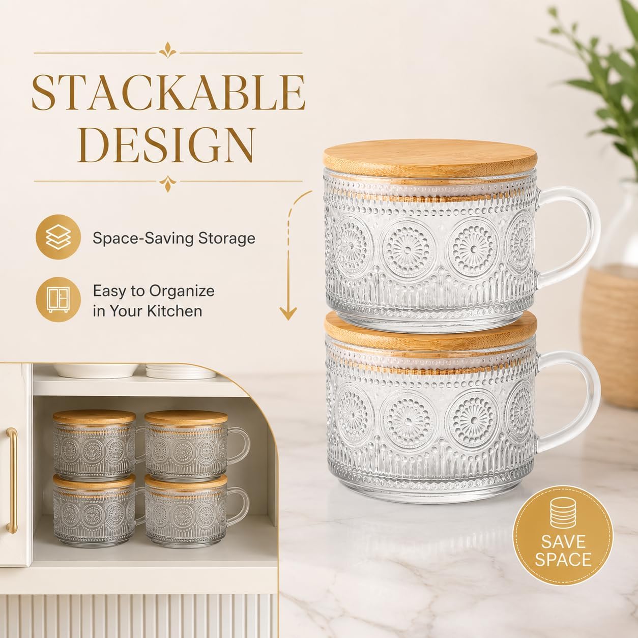 Semderm Vintage Glass Coffee Mugs Set of 4, Overnight Oats Containers with Bamboo Lids and Spoons - 14oz Clear Tea Cups for Cappuccino Latte Americano Cereal Yogurt Beverage