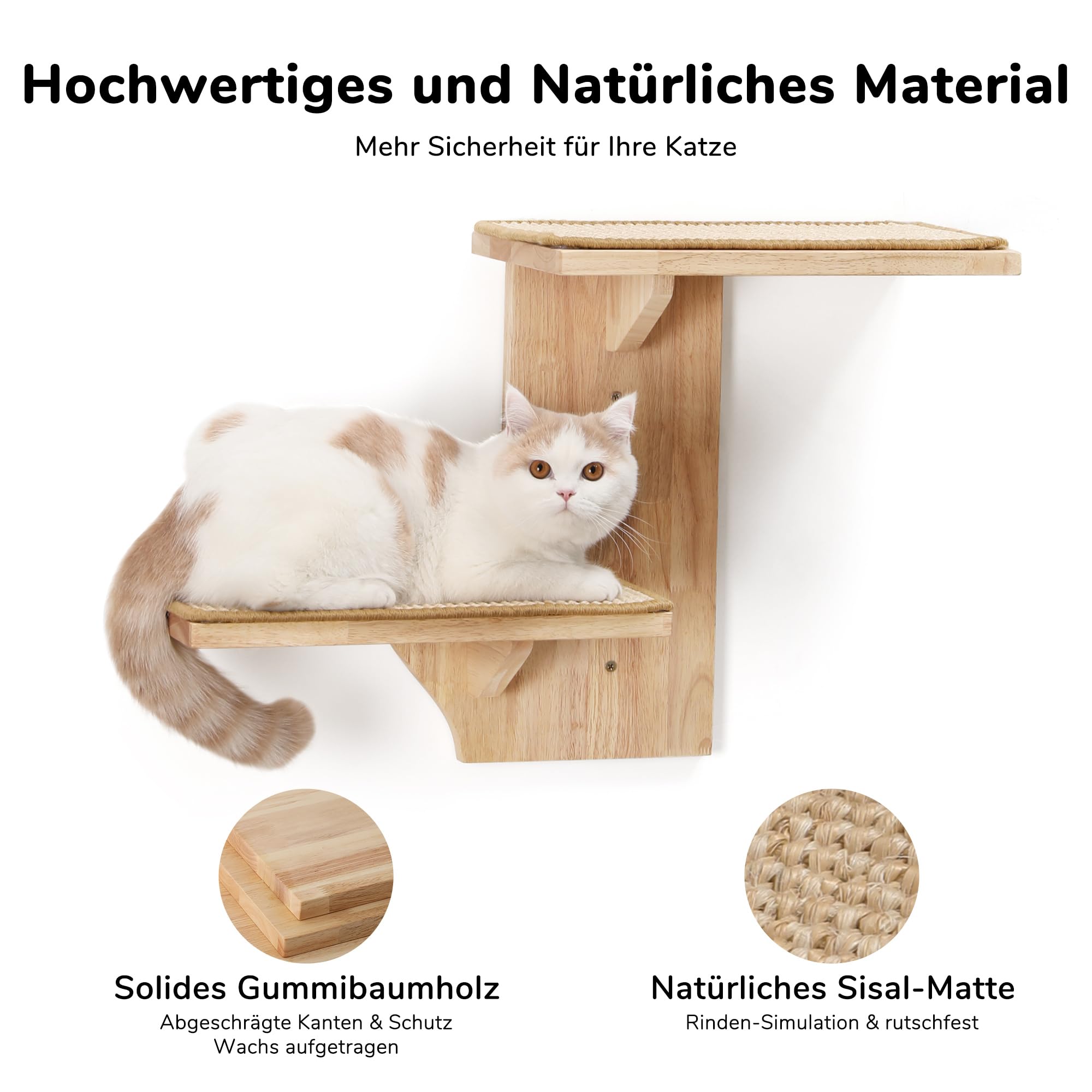 FUKUMARU Kletterwand Katze, 2 Plattform-Katzen-Wandmöbel aus Massives Gummiholz，40,6 cm Wandmontiertes Katzen mit Sisalmatte, Wandregale zum Klettern, Spielen, Kratzen