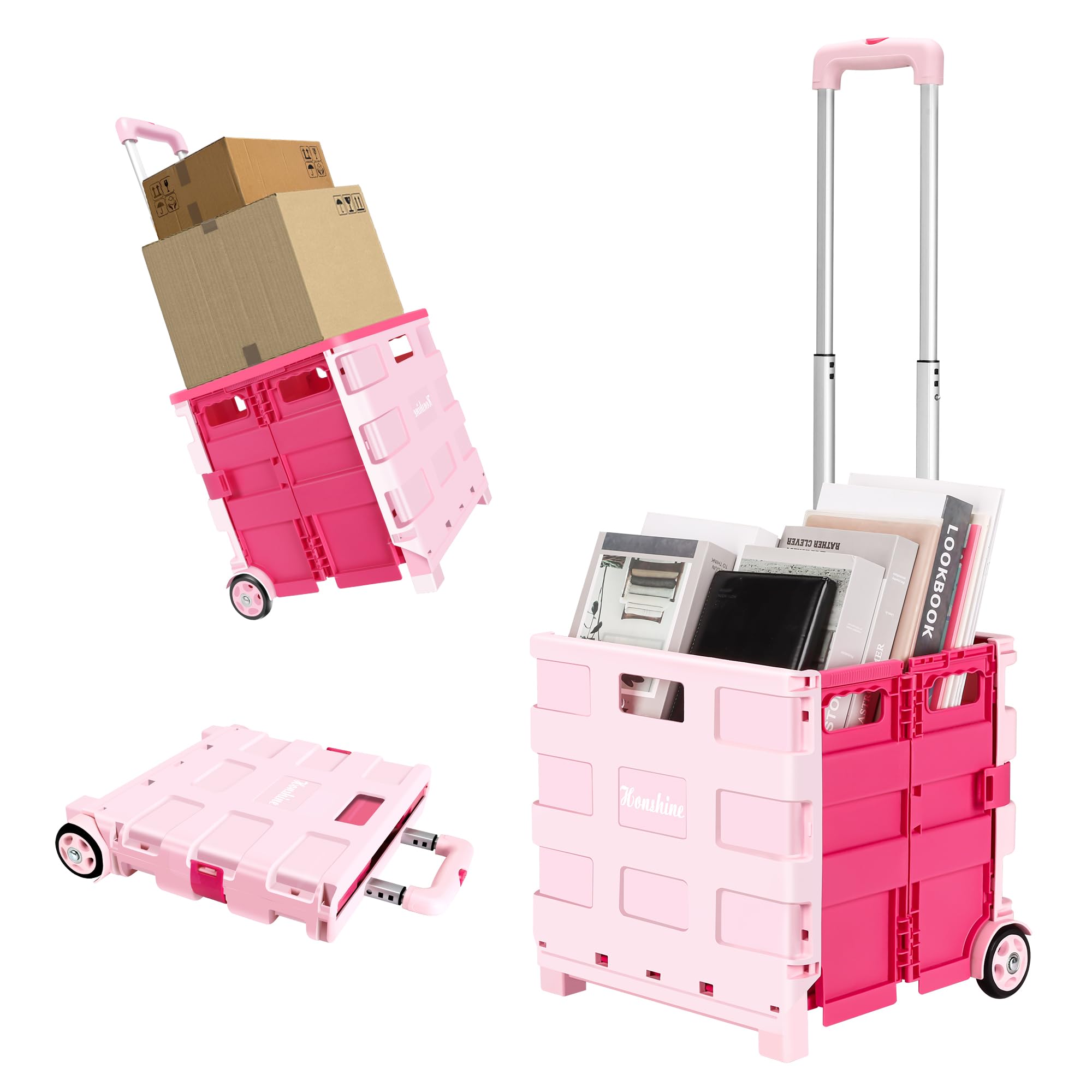 Foldable Rolling Cart on Noiseless Wheels: Portable Utility Cart for Grocery Books File Office (Pink)
