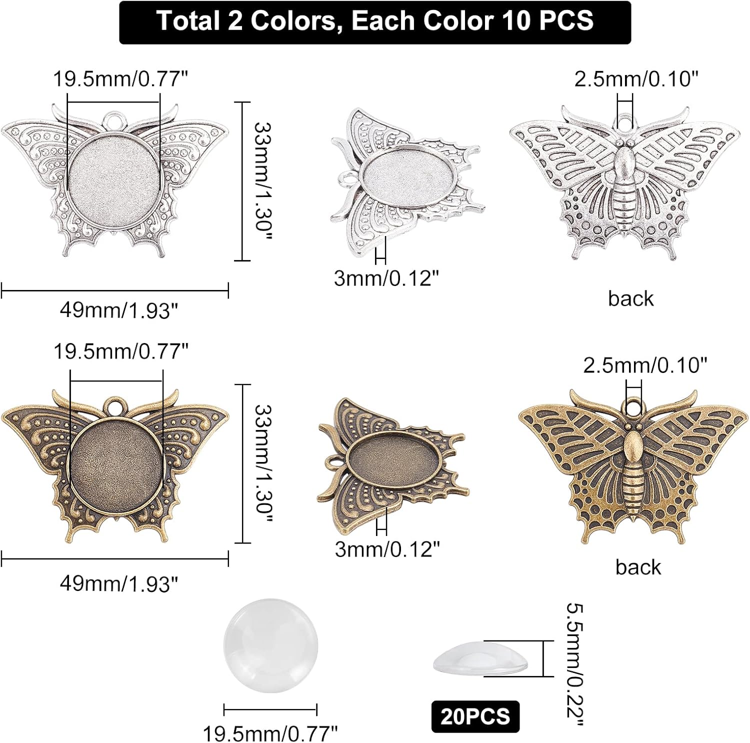 PH PandaHall 40pcs Butterfly Pendant Trays Blank Bezel 20pcs Animal Photo Charm Base and 20pcs Glass Cabochon Dome Tiles for Spring Wedding Bouquet Photo Bridal Backpack Charm Antique Bronze Silver - Image 5