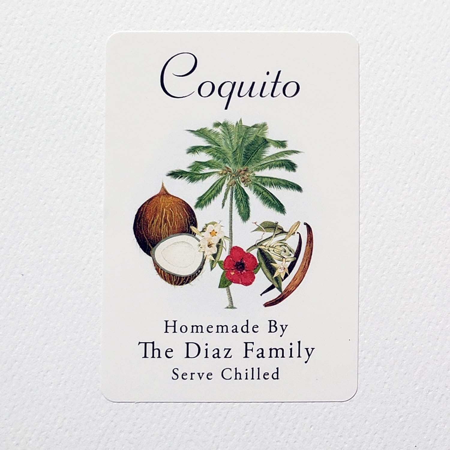 Personalized COQUITO (Hibiscus) Labels with Graphic of Coconut, Vanilla Bean, Palm Tree and Hibiscus - Sets of 18 Labels (2" X 3" Rectangle)