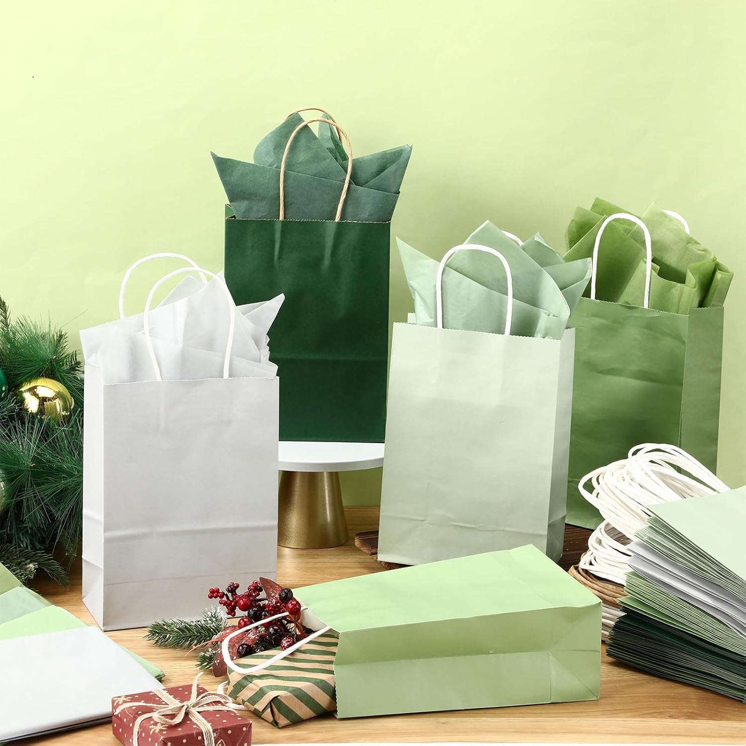 Kolldenn 25 Sets 50 Pcs Green Christmas Gift Bags Bulk with Tissue Paper Sage Green Paper Gift Bags with Handles for Christmas Party Wedding Guests Birthday Baby Shower, 8.27 x 5.91 x 3.15 - Image 4
