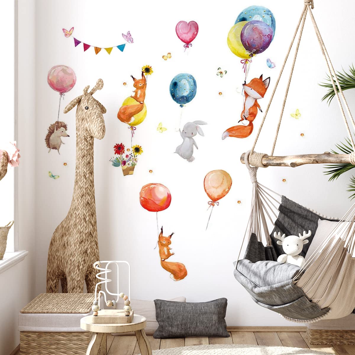 WandSticker4U®- [Acquerello] Adesivi murali bambini animali del bosco PALLONCINI & VOLPE (107x100 cm) I Adesivi da parete animali foresta coniglio giungla I Sticker muro camera da letto bambini bimba
