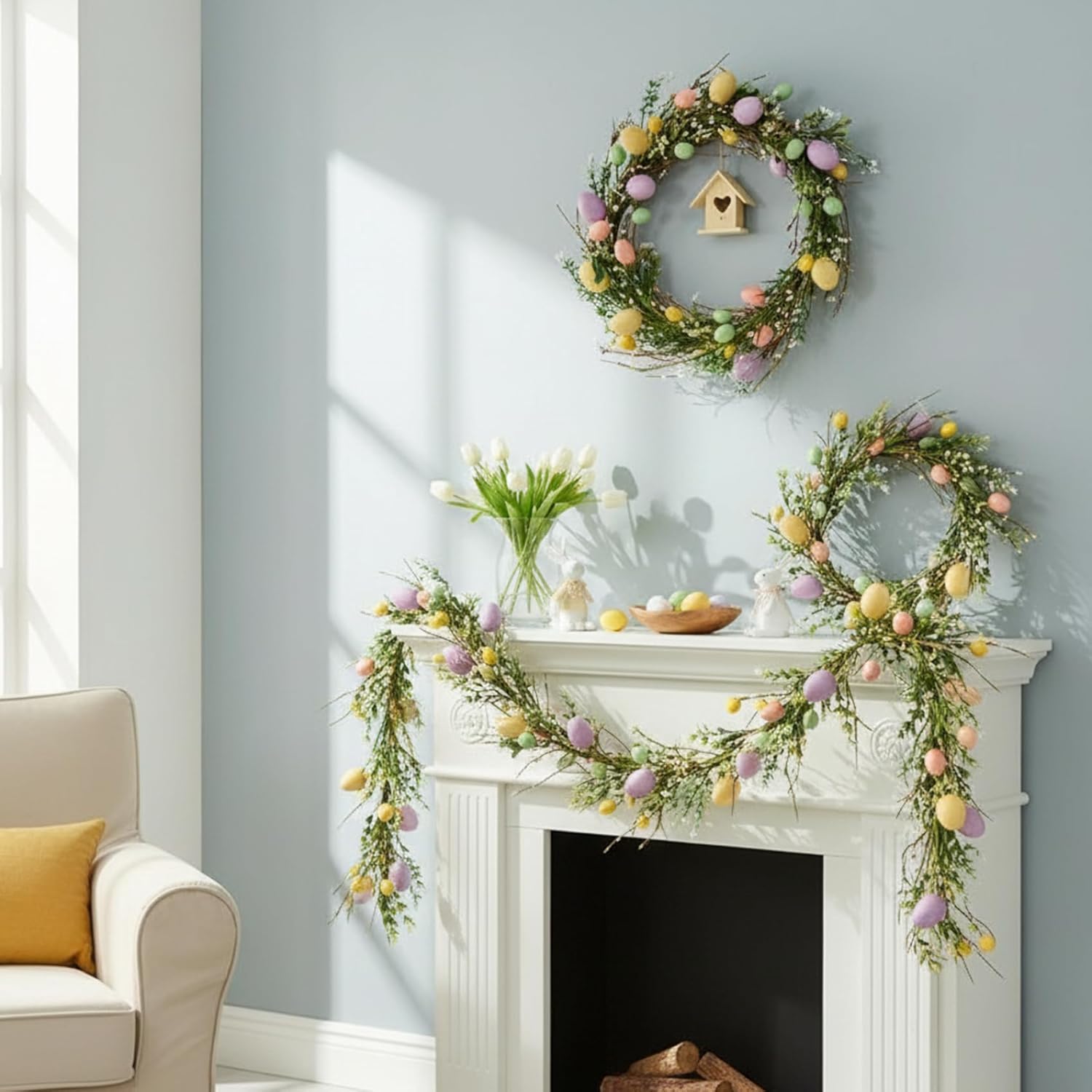 Easter Garland 5.6-5.9ft Easter Wreaths for Front Door with Colorful Eggs and Berries Spring Garland for Rustic Mantle Arch Home Table Tree Decoration.