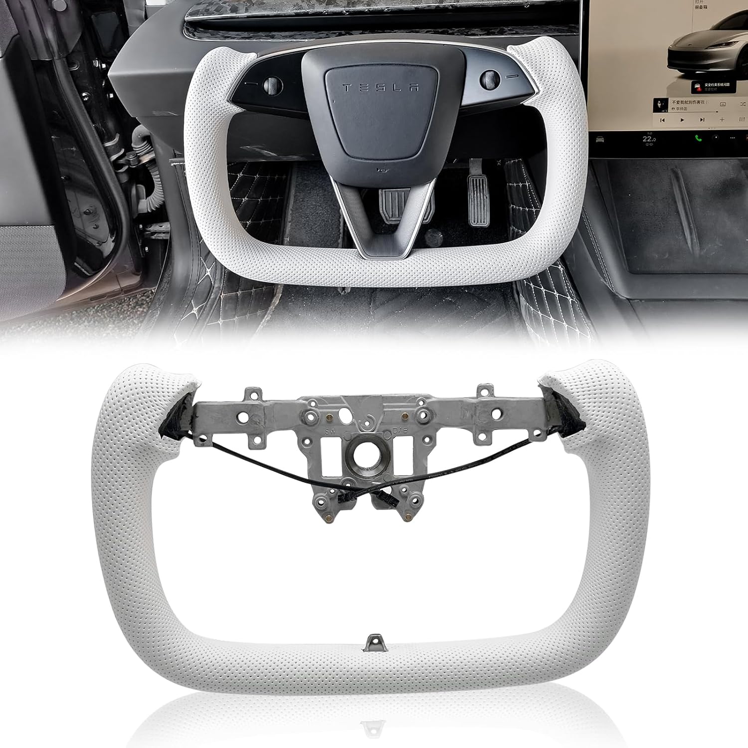 Yoke Steering Wheel for Tesla Model 3 Highland (Perforated Nappa Leather, Black Nappa-Matte Carbon Fiber)