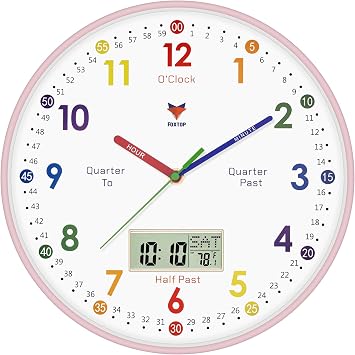 Foxtop Digital and Analog Learning Clock for Kids -Teaching Clock 12" Pink