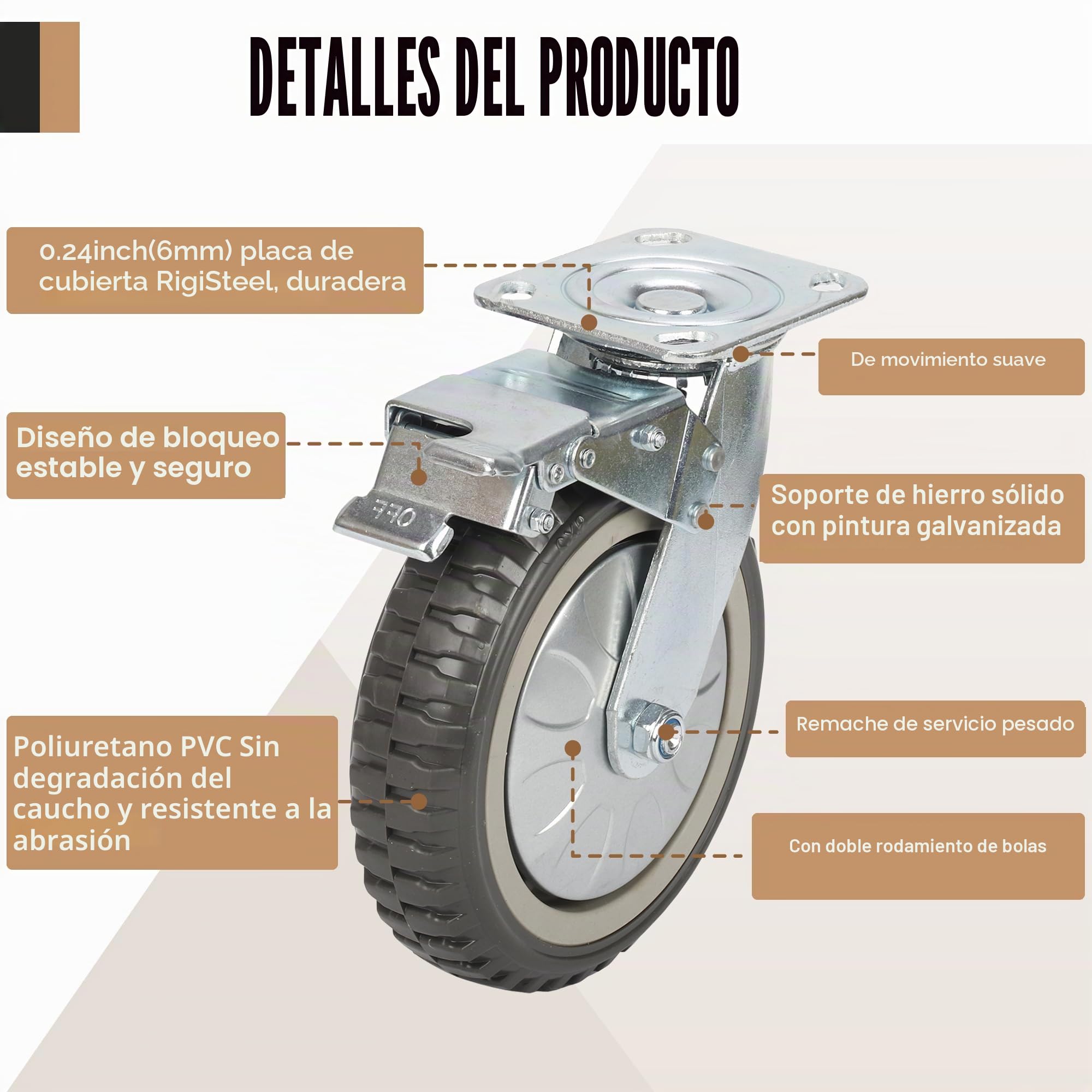uyoyous 4 ruedas de carga pesada de 200 mm con freno, giratorias 360°, ruedas de transporte con rosca, ruedas de carga pesada, capacidad de carga de 1000 kg (2 ruedas giratorias, 2 ruedas de freno)