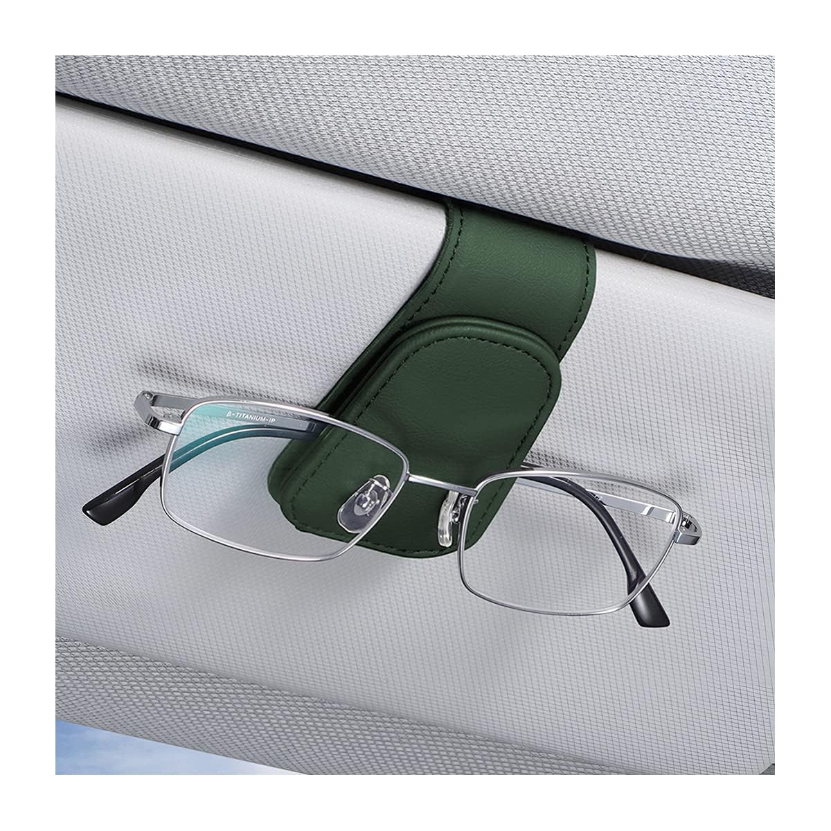 AICEL Sunglasses Holders for Car Sun Visor, Leather Magnetic Clip, Green