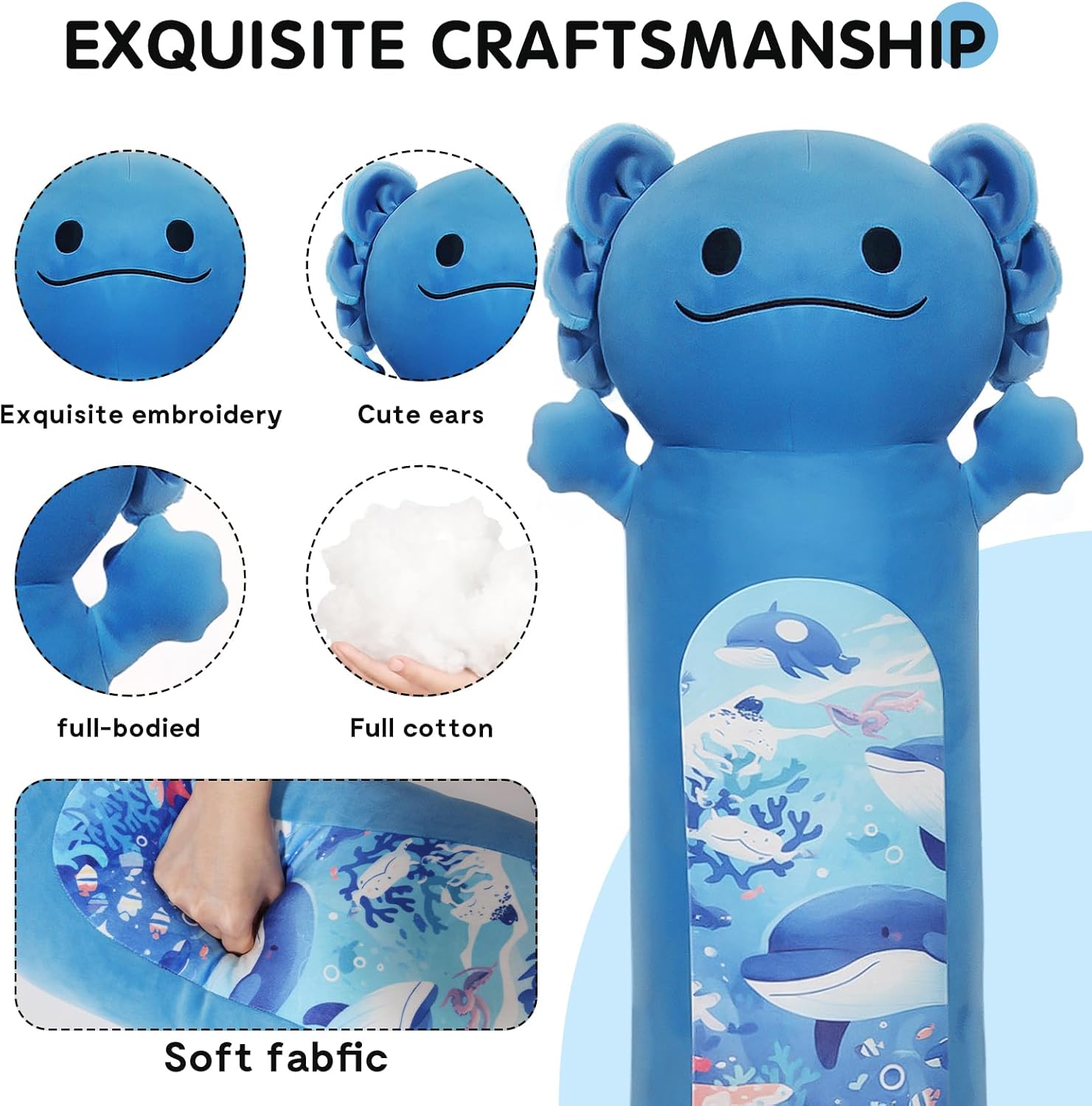 36 inch Long Axolotl Plush Body Pillow, Giant Cute Blue Ocean Axolotl Stuffed Animals, Big Salamander Squishy Soft Plushies Toy, Gifts for Kids Girls and Boys, Birthdays, Halloween, Christmas - Image 2