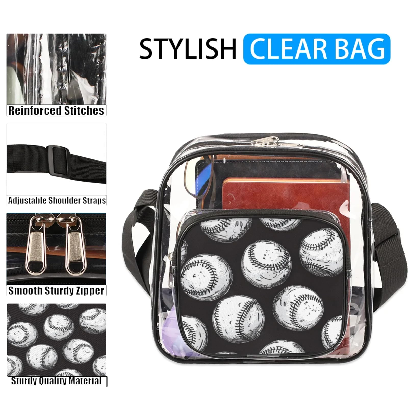 Clear Crossbody Bag Stadium Approved White Baseball Transparent Bag for Festivals, Sports Events, Concerts,Beach Bag for Women Men Clear Purse with Front Pocket Messenger Bag with Adjustable Strap