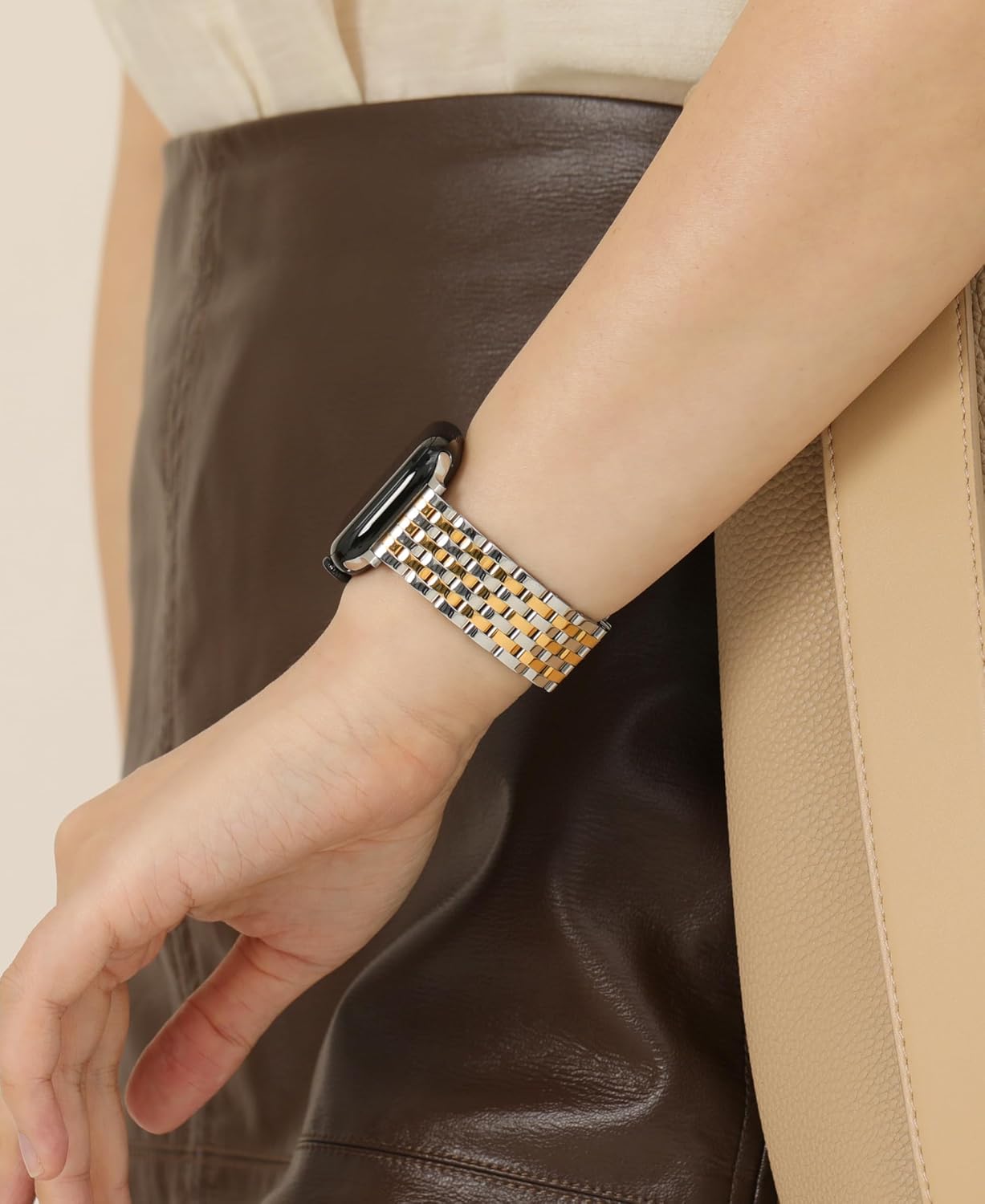 Seven-link Watch Band for Apple Watch Series 11, 10, 9, 8, 7, 6, 5, 4, 3, 2, 1 and SE 3/2/1 for Women, Dressy Stainless Steel Metal Band for Apple Watch 40mm 41mm 42mm 38mm 44mm 45mm 46mm for iWatch - Image 3