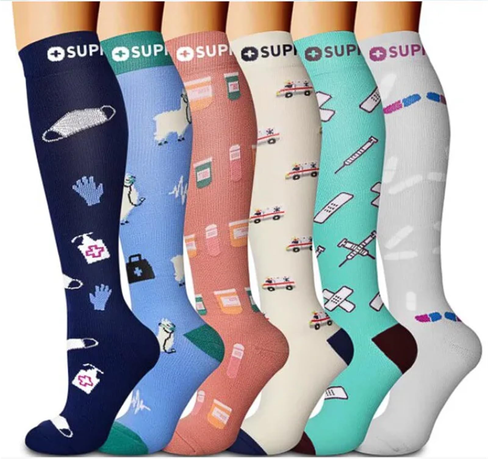 6 par/lote calcetines de compresión animales coloridos senderismo baloncesto fútbol presión varicosa medias de nailon hombres mujeres triangulación de envíos(Color Healthcare,S-M)