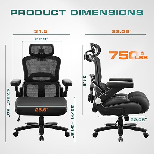 Miniatura 3 de BOSMILLER Silla de oficina grande y alta de 750 libras con soporte lumbar doble para personas pesadas, silla de escritorio ergonómica de gran tamaño