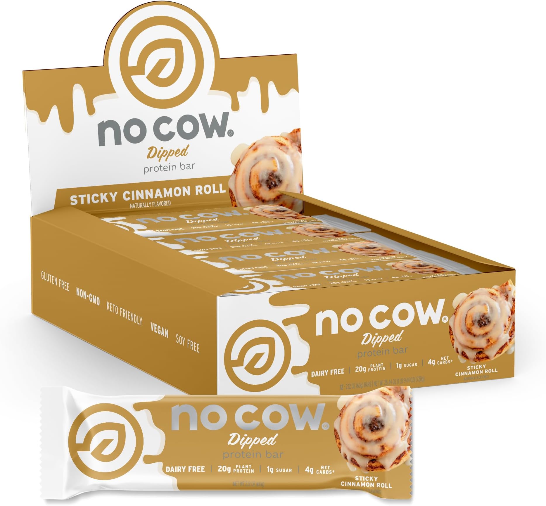No Cow High Protein Bars, Dipped Sticky Cinnamon Roll - Healthy Snacks, 20g Vegan Protein, High Fiber, Low Sugar, Keto Friendly, Dairy & Gluten Free (12 Count)