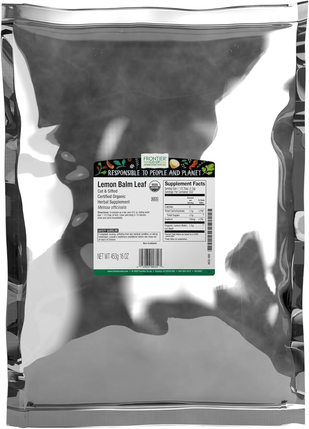 Frontier Co-op Organic Lemon Balm Leaf, Cut and Sifted, Kosher, Bulk Bag - Dried Lemon Balm Herb Loose Leaf Tea - Melissa Tea, Toronjil | 16 Ounce (Pack of 1)