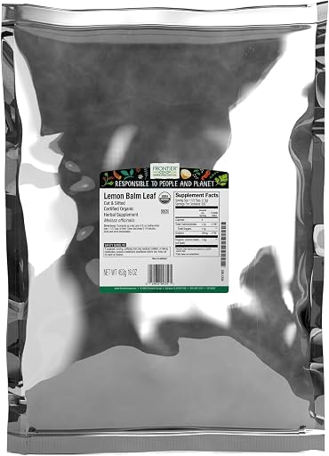 Frontier Co-op Organic Lemon Balm Leaf, Cut and Sifted, Kosher, Bulk Bag - Dried Lemon Balm Herb Loose Leaf Tea - Melissa Tea, Toronjil | 16 Ounce (Pack of 1)