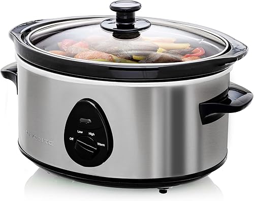 Ovente Olla de cocción lenta eléctrica de 3.7 cuartos con 3 ajustes de temperatura, apta para lavavajillas, olla de cerámica extraíble y tapa de
