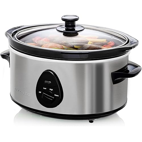 OVENTE Electric Slow Cooker with 3 Cooking Settings, Non-Stick and Dishwasher Safe Stoneware, Stainless Steel Body, Glass Lid, 3.7 Qt Oval Pot for Entrees, Soups, Sauces, Stews & Dips, Silver SLO35ABR