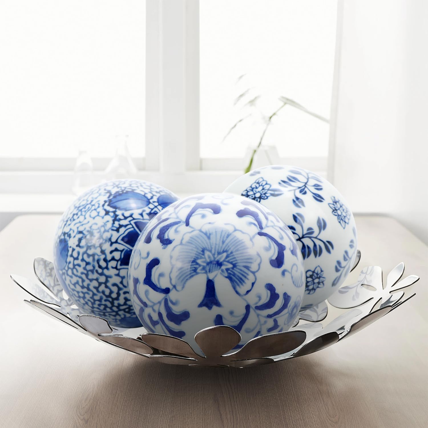 Kesywale Set of 3 Blue & White Porcelain Orbs Decorative Balls Ceramic Spheres for Centerpiece Bowl, Tray or Basket Decor 3 Inch Diameter (A)