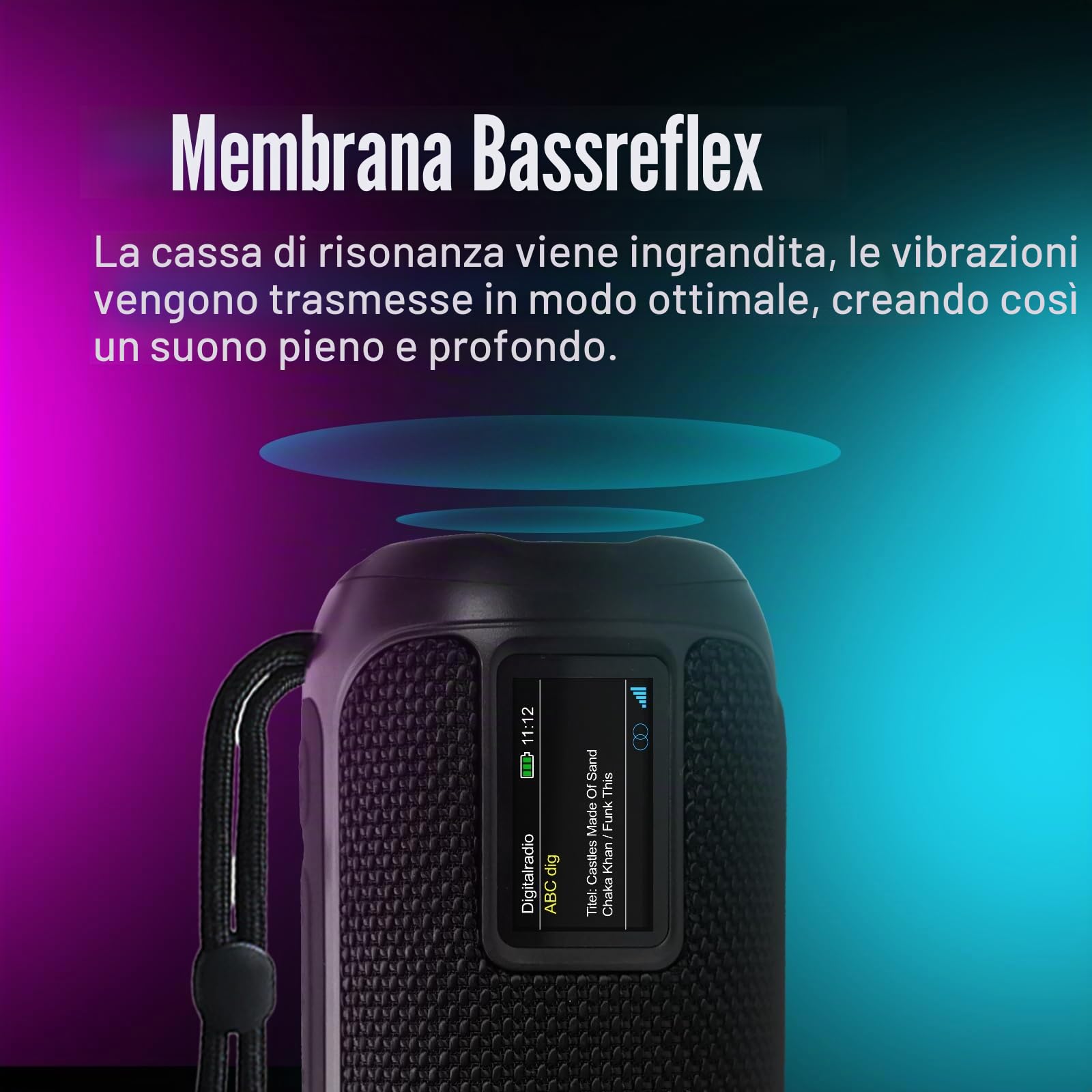 LEICKE DAB+ Radio Tube – Altoparlante portatile Bluetooth con batteria DAB+/FM, 4500 mAh, luci LED RGB, suono stereo da 10 W, equalizzatore, ricarica USB-C, connettore Micro SD/AUX, alimentazione a