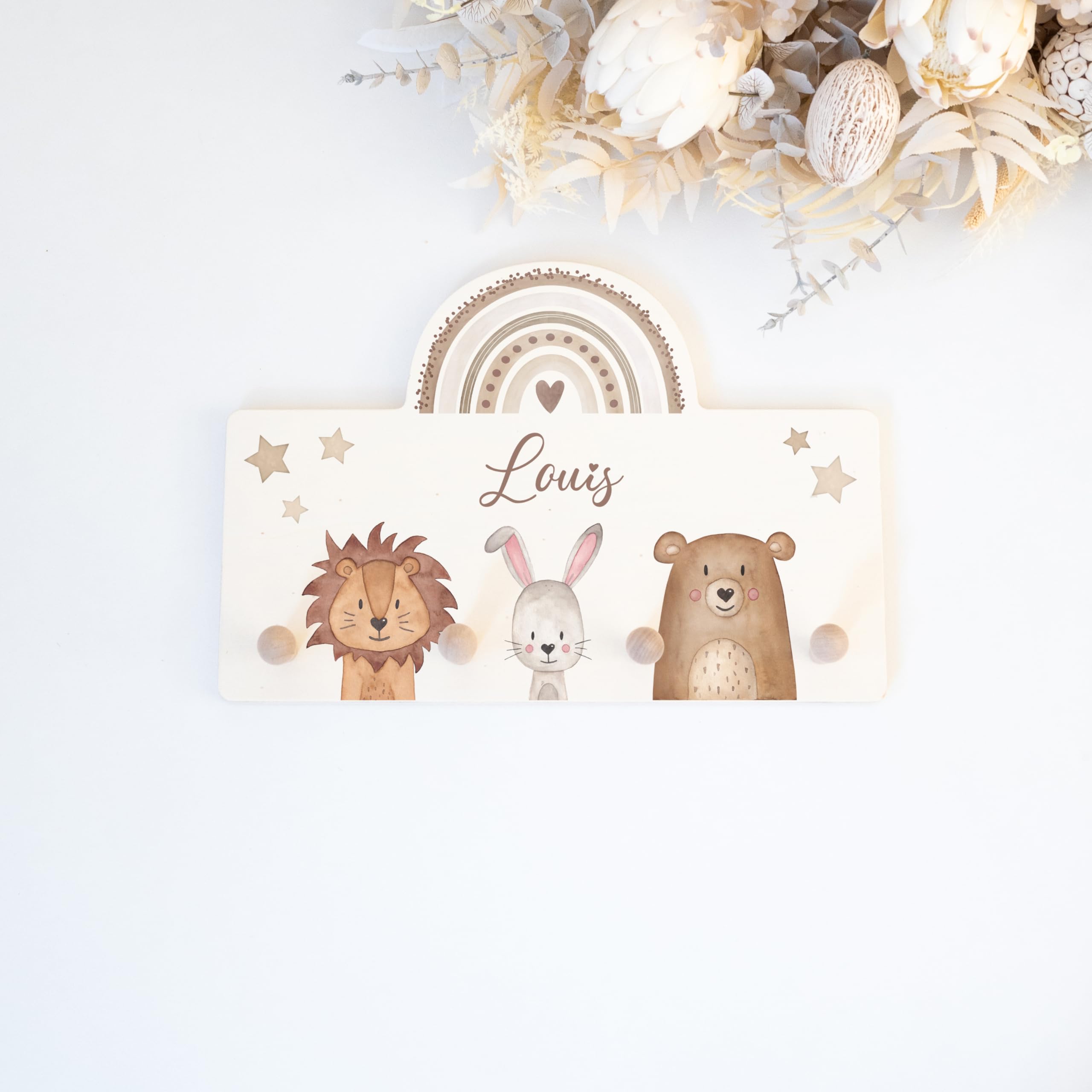 wunderwunsch® - Personalisierte Garderobe Kinder mit Spezial-Druck (inkl. 4 Haken)- Kinderzimmer Deko, Taufe Geschenk, Kindergeschenke, Geburt Geschenk (Tiere Regenbogen beige)