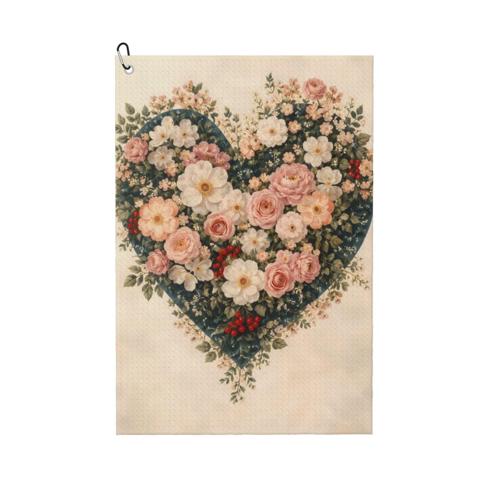 Oudrspo Romantic Heart-Shaped Flowers Multi-Functional Golf Towel | Absorbent Quick Drying 16x24in
