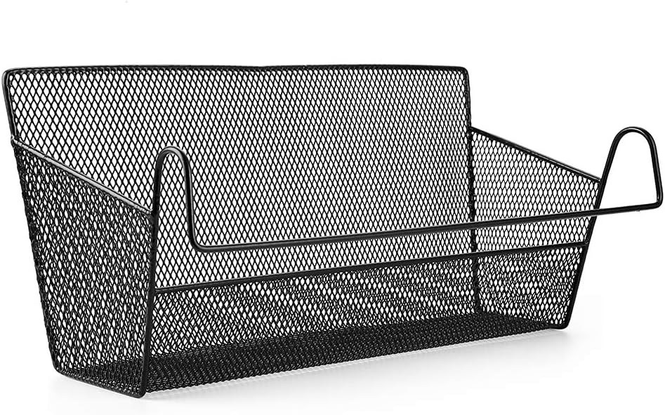 BTSKY Bedside Storage Basket, Dorm Room Bed Storage Basket Metal Mesh Desktop Corner Shelves Hanging Organizer Rack Shelf Bedside for Book Phones Drinks Tissues Office Home with Hook Black