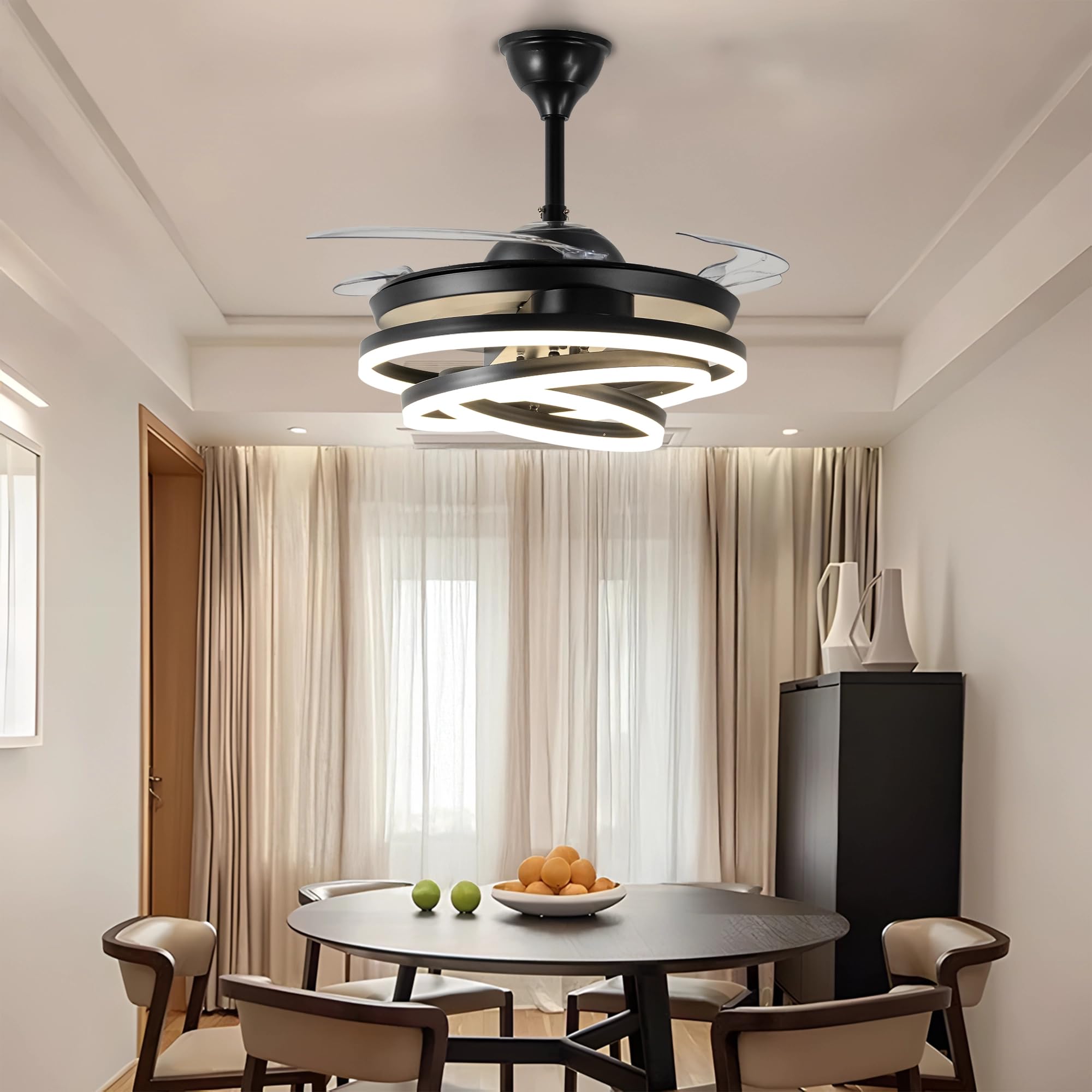 Harold Electricals Trinity Nezha Black Chandelier Ceiling Fan with Remote Control | Retractable Crystal Chandelier Fans Lighting with 3 Color Lights Fix for Dining/Living Room/Hall/Salon
