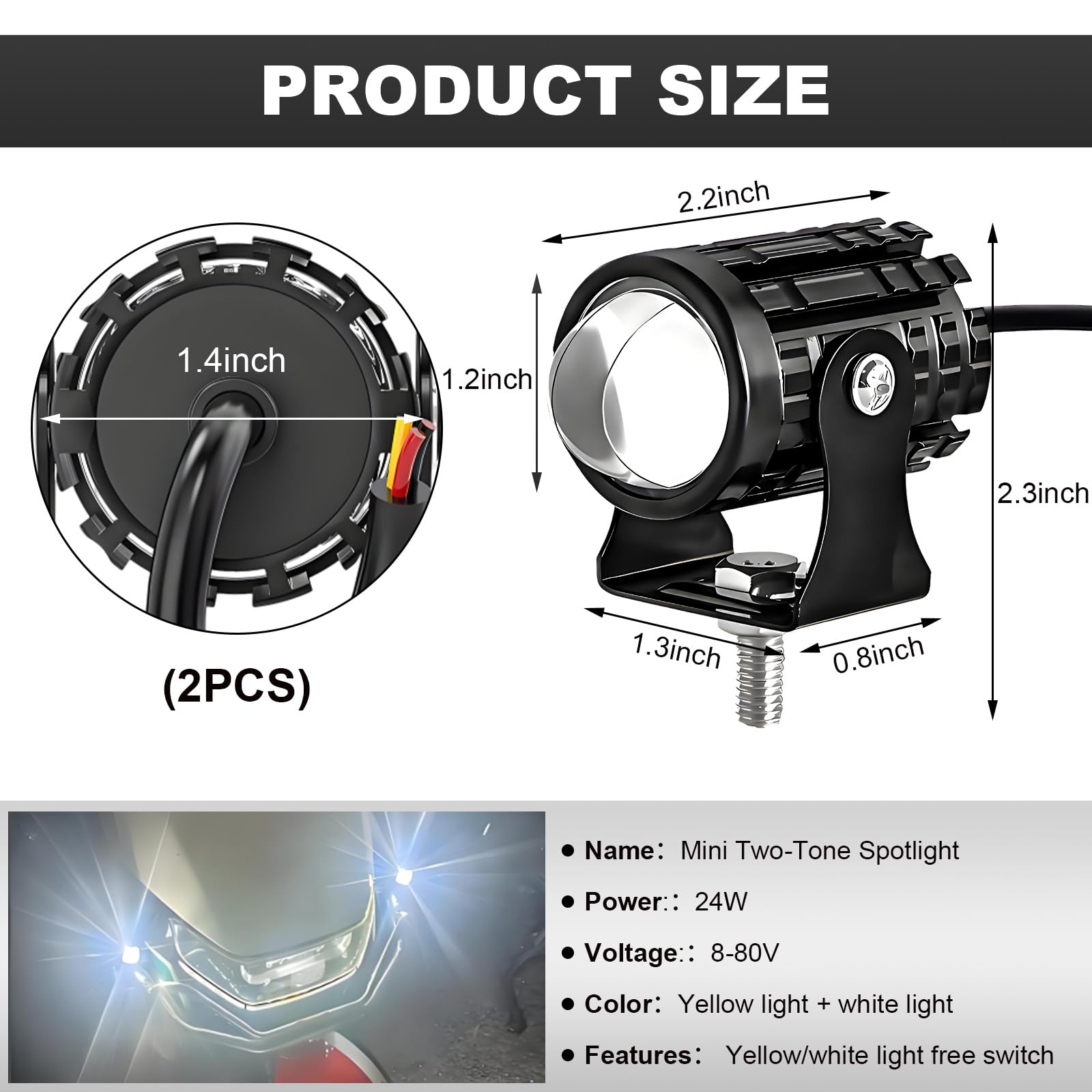 2PCS Motorcycle LED Driving Fog Lights, Super Bright White/Amber Motor Auxiliary LED Spotlights with 2 Switch, Waterproof Aux Motorcycle Headlight for Car Truck ATV Tractor