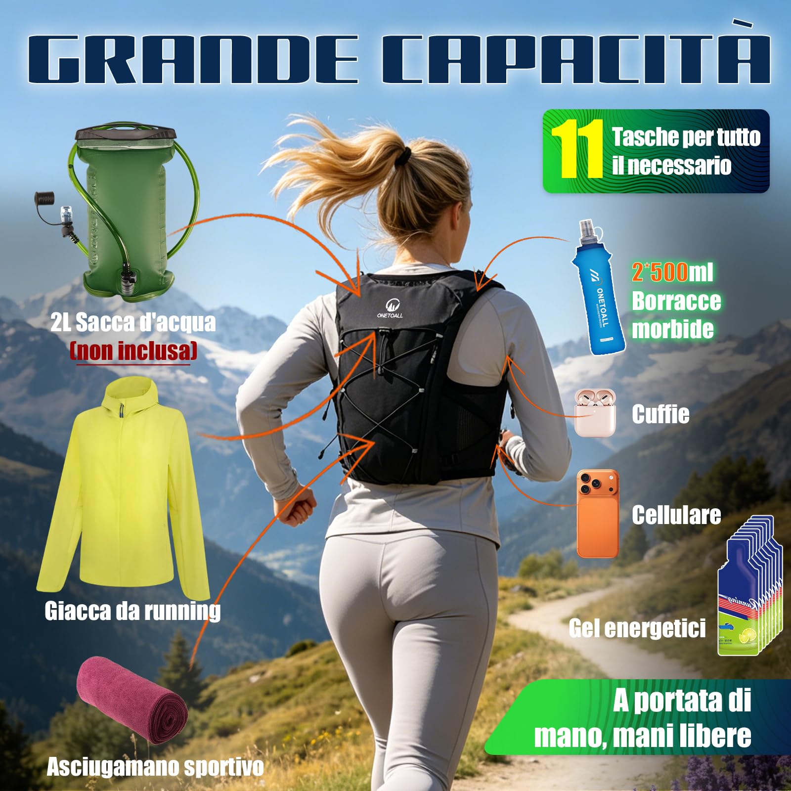 Gilet Running Uomo Donna, Zaino Trail Running, Running Vest con 2 Borraccia Morbida 500ml y Luce LED Ricaricabile, Gilet Corsa per Marathon Trekking Ciclismo Sci, Ultraleggero e Traspirante