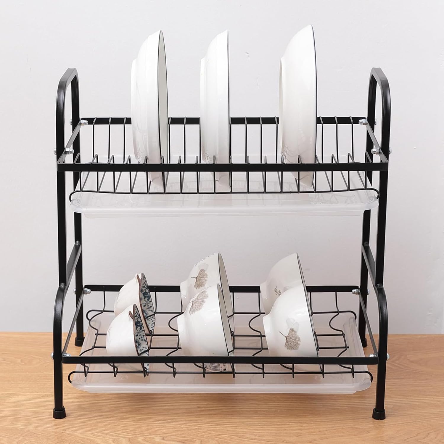 Kuber Industries 2-Layer Dish Drying Rack|Storage Rack for Kitchen Counter|Drainboard & Cutting Board Holder|Premium Utensils Basket (Black)