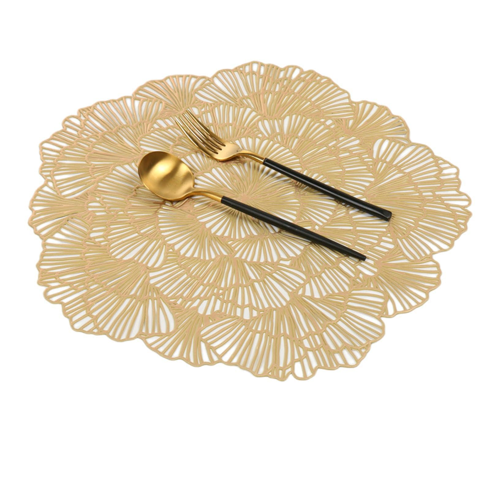 Juego de 10 manteles individuales de mesa, lavable, PVC, redondo, redondo, hueco, de estilo europeo, antideslizante, resistente al desgaste al calor, oro, 38 cm