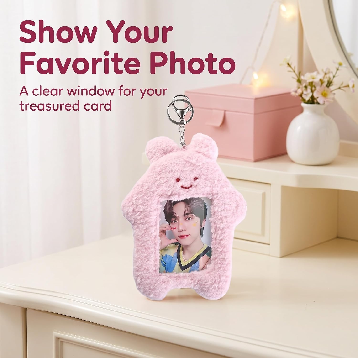 Pink Cute Plush Photocard Holder with Keychain, Cute Photocard Holder Cartoon Bear Rabbit Cat Photo Sleeve Cartoon Plush Photo Sleeve Protective Case Photo Albums Accessories image 2
