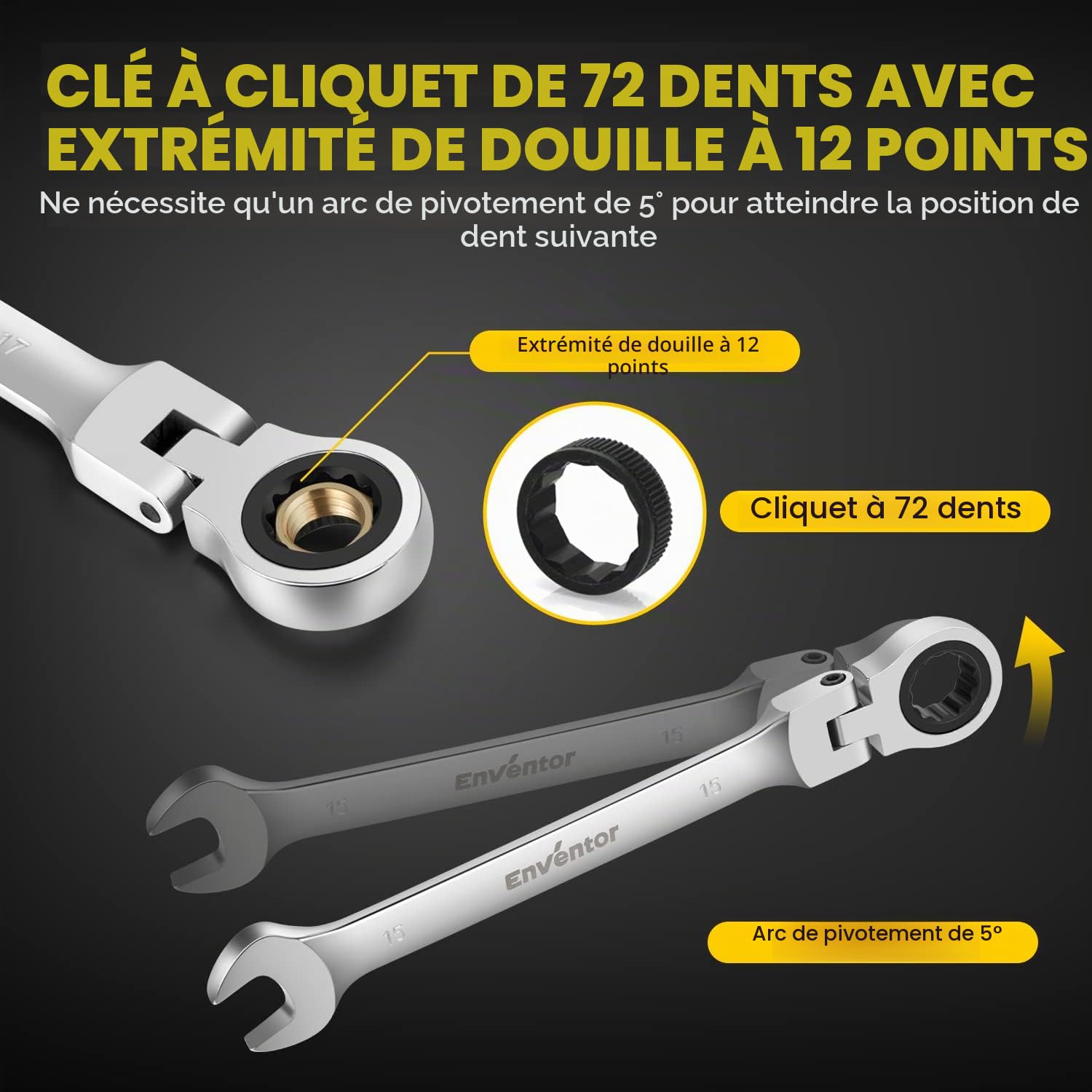 ENWENTOR Jeu de Clé Plate à Cliquet Articulées 14 Pièces 6-19mm 72 Dents Acier Chrome Vanadium