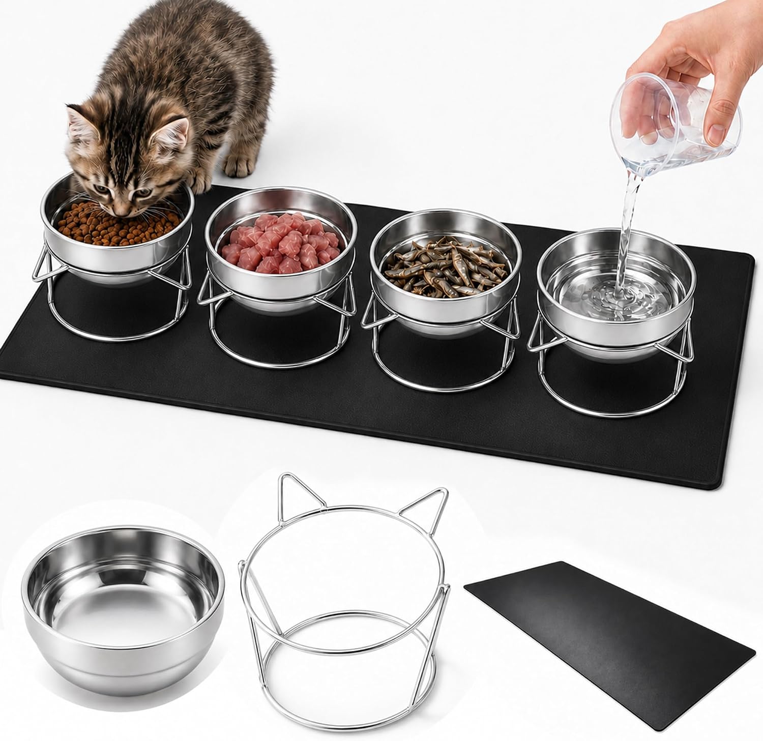 4-Pack Raised Pet Bowls with Leather Mat, 15° Tilt, Stainless Steel | Anti-Ant, Anti-Vomiting, Neck-Friendly Design, Ideal for Cats & Small Dogs