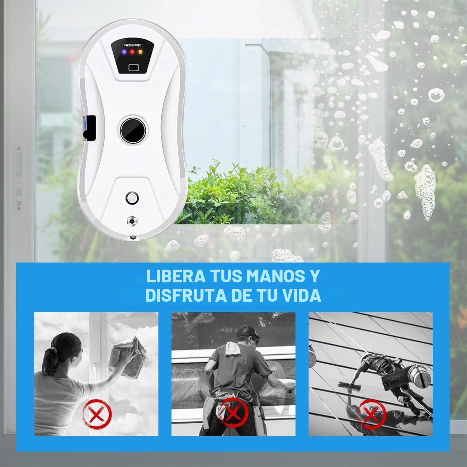 Kouamor Robot Limpiador de Vidrios Inteligente - Succión 5600Pa, Pulverización Automática, Control Remoto 10 Toallitas Microfibra (para Ventanas/Puertas de Vidrio/Azulejos)