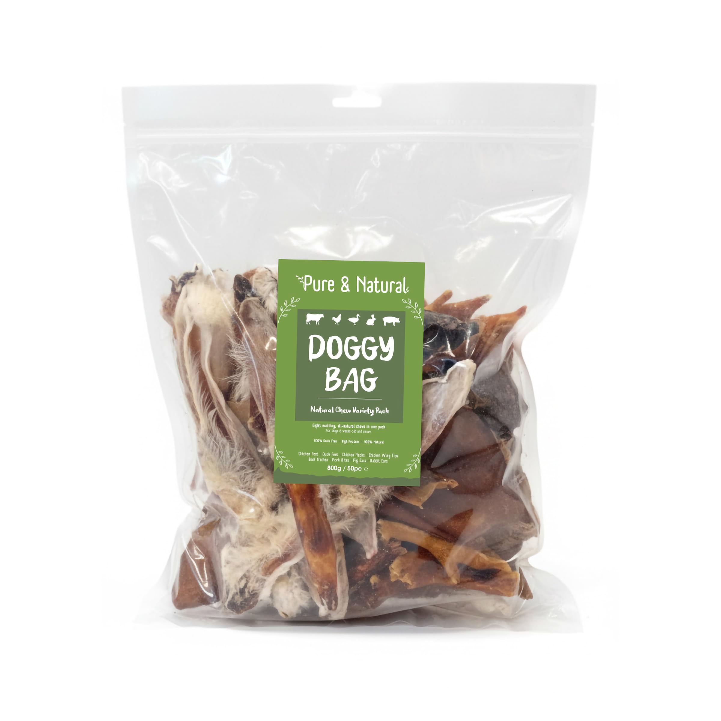 Pure & Natural Dog Chews, Doggy Bag Variety Pack 50 Pieces 800g, Natural Dog Treats for Large Dogs, Grain Free Puppy Chew with Chicken Feet Dog Treats, Beef Trachea for Dogs and Pig Ears for Dogs Bulk