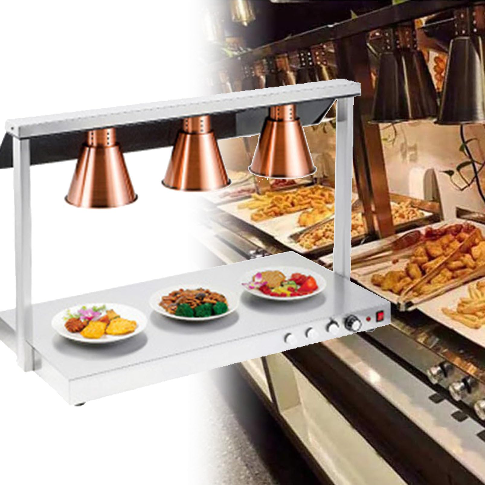 JKJZSALJ Commercial Food Warmer Lamp, Stainless Steel Buffet Heater For Restaurants And Kitchens, Ideal For Keeping Pizza And Food Warm,Bronze,threeheads