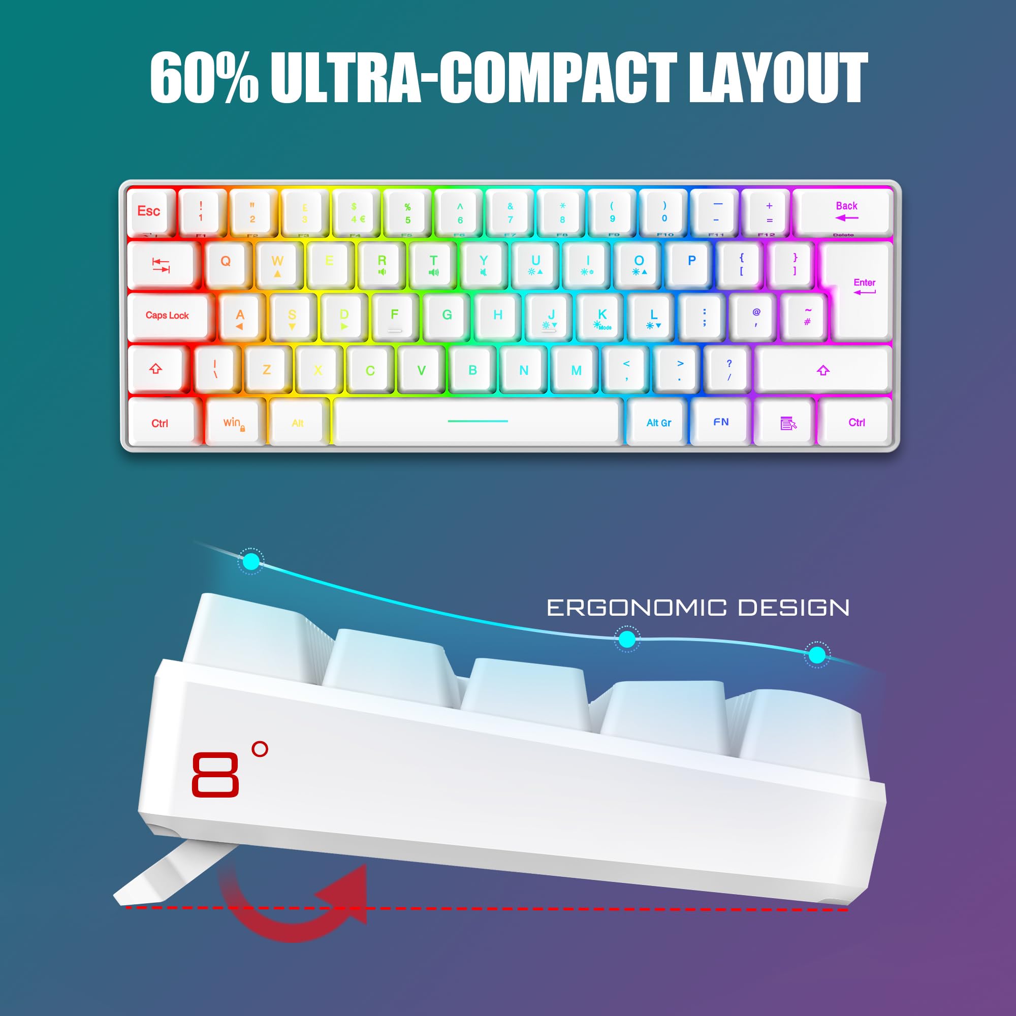 RedThunder Kombinacja klawiatury i myszy do gier 60% RGB, ultrakompaktowa podświetlana mini klawiatura, lekka mysz optyczna 7200 DPI, przenośny, przewodowy zestaw do gier dla graczy PS5 (biała)