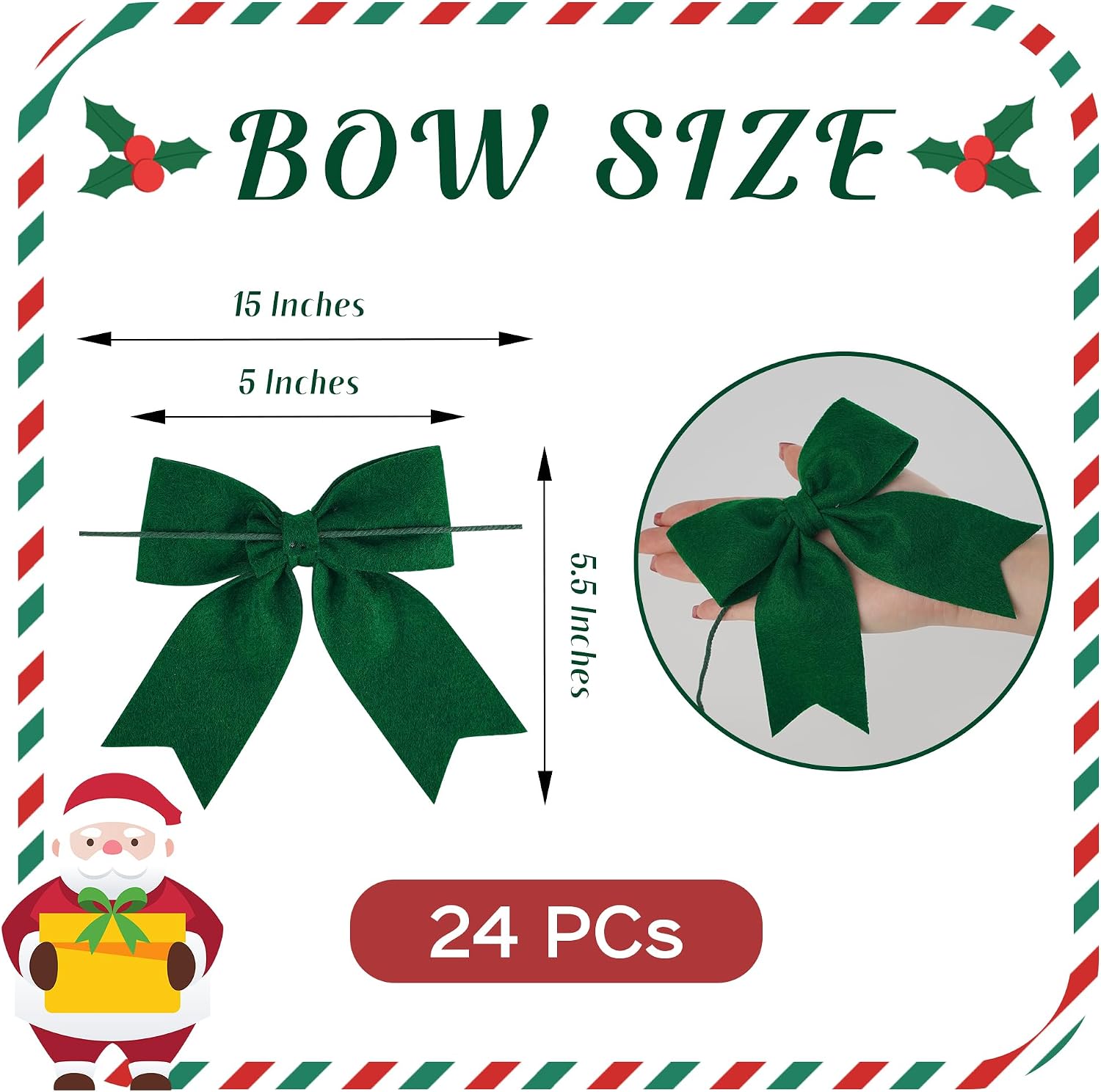 AIMUDI Green Bows for Christmas Tree 5'' Dark Green Hand Felted Christmas Bow for Gift Wrapping Premade Bow for Presents Crafts Wreaths Fireplaces Winter Holiday Christmas Decorations, 24 PCs