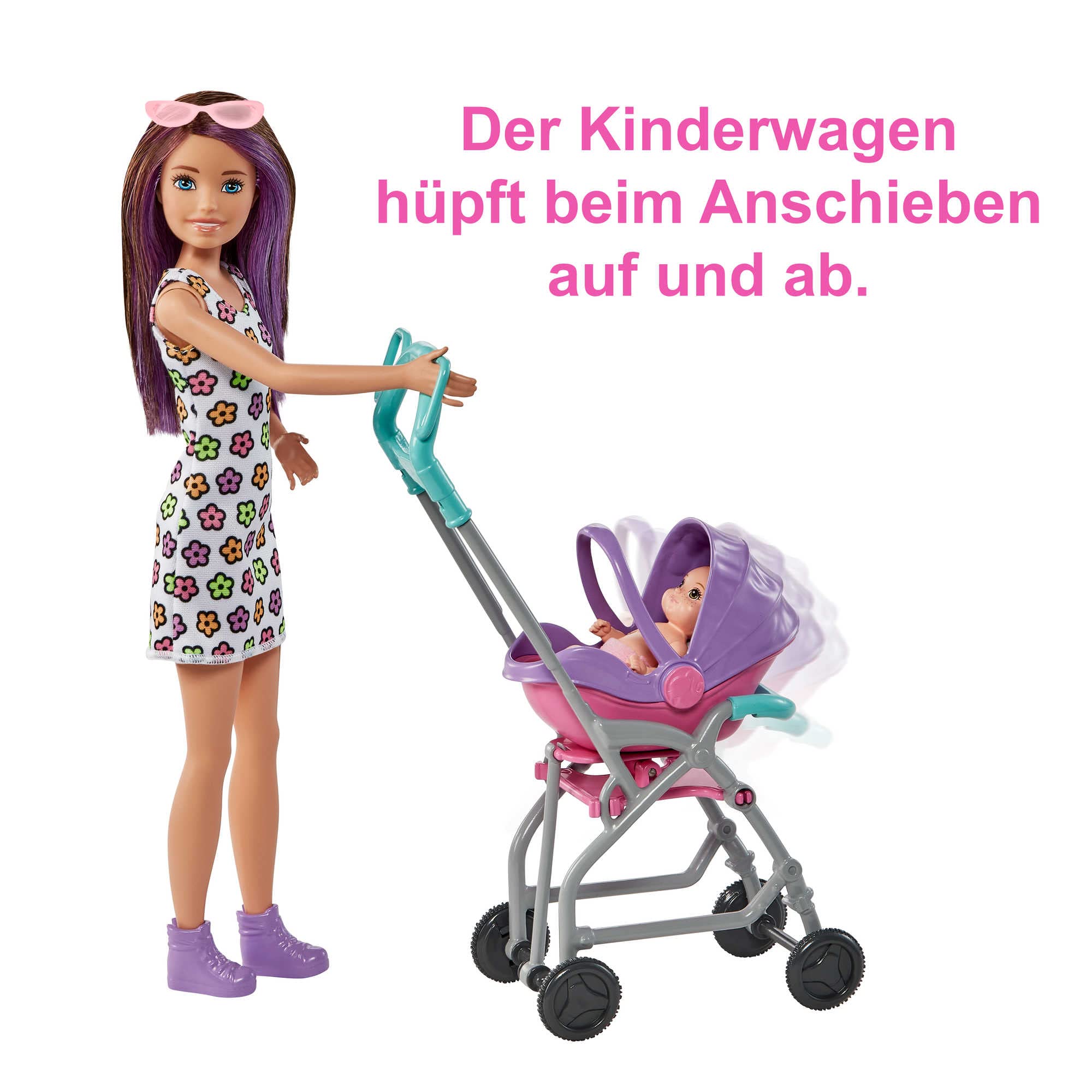 Barbie Skipper Babysitter Inc, Skipper mit braunen und lila Haaren, Baby, Kinderwagen, Babytrage, Zubehör, insgesamt 2 Puppen, Geschenk für Kinder, Spielzeug ab 3 Jahre,GXT34