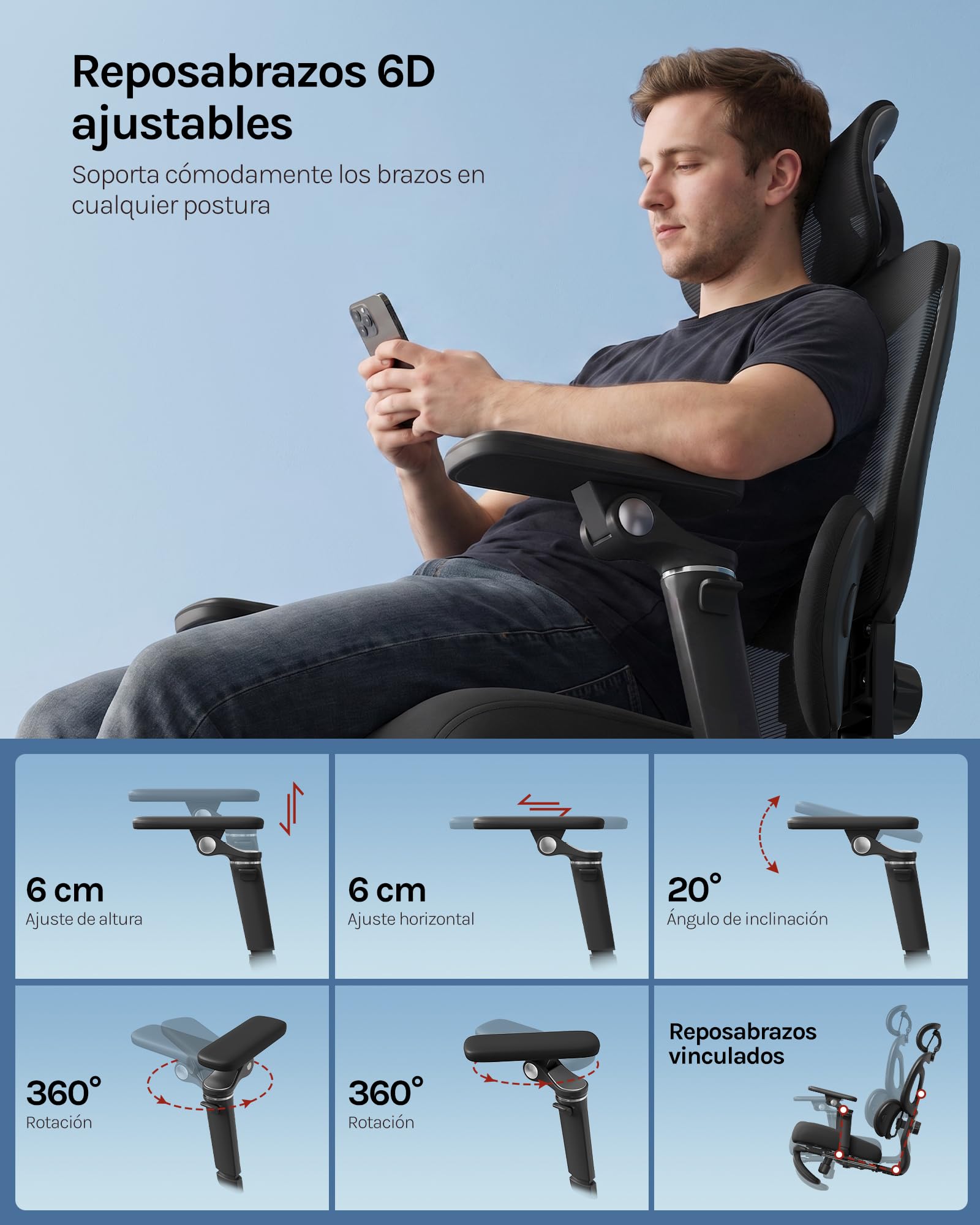 WOLTU Silla de Oficina Ergonómica, Silla Escritorio de Trabajo, Negro | Respaldo Inclinable y Reposapiés, Soporte Lumbar, Reposacabezas 3D, Reposabrazos 6D, en Estudio u Oficina